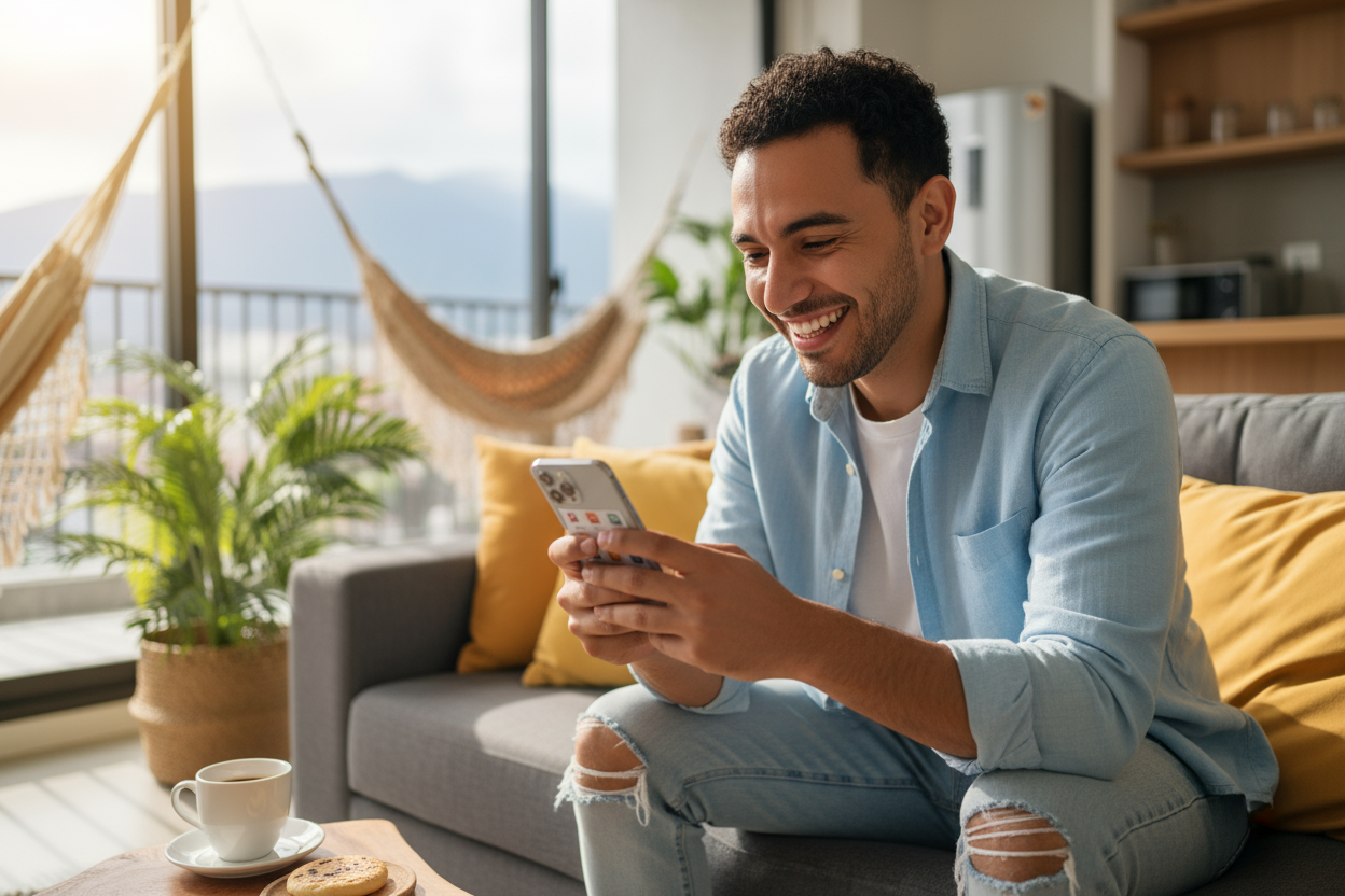 una persona de colombia comprando desde su celular sonrriendo
